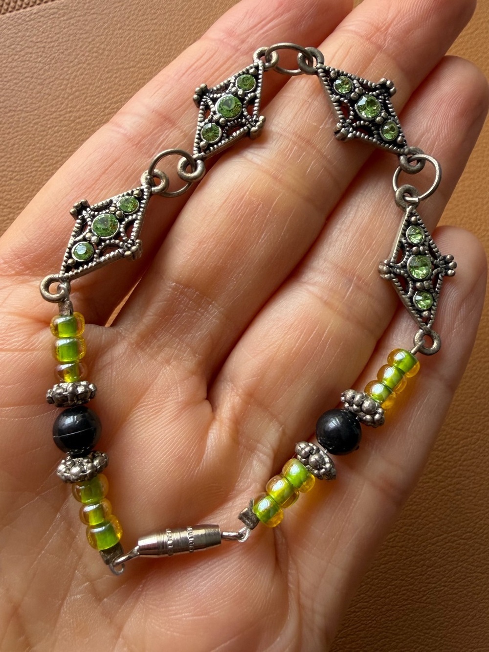 Vintage Peridot-Style Beaded & Panel Link Bracelet